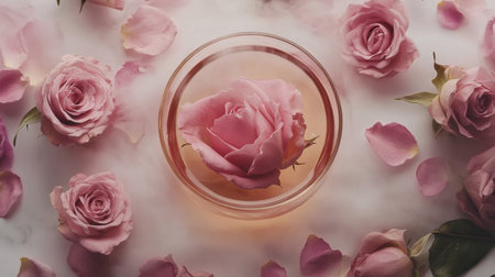 A serene composition featuring a pink rose floating in a bowl of water, surrounded by soft petals. This elegant arrangement evokes feelings of beauty and tranquility.の素材