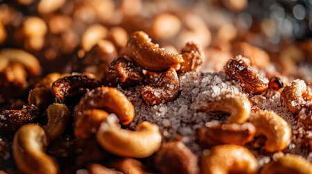 This vibrant close-up captures roasted cashew nuts sprinkled with sea salt, showcasing their rich textures and inviting colors, perfect for food enthusiasts.の素材