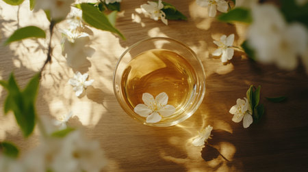 A serene scene featuring a glass of herbal tea adorned with a jasmine flower, set against a wooden background and surrounded by delicate petals, creating a calming atmosphere.の素材
