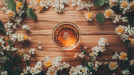 A glass filled with amber liquid sits in the center of delicate white and yellow flowers, creating a serene and inviting atmosphere perfect for relaxation or gatherings.の素材