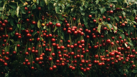 A vibrant display of lush red cherries hanging from green branches, showcasing the beauty of nature's bounty. Perfect for illustrating abundance and harvest themes.の素材