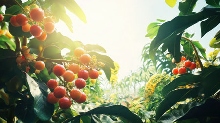 A beautiful scene featuring vibrant tropical fruit amidst lush greenery, illuminated by soft sunlight, showcasing nature's abundance and freshness.の素材