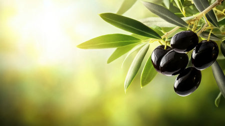 Close-up view of fresh black olives hanging from an olive tree branch. The vibrant green background enhances the natural beauty of this Mediterranean fruit, ideal for healthy recipes.の素材
