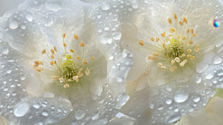 Beautiful close-up of dew-kissed white flowers, showcasing delicate petals and intricate details. Perfect for nature enthusiasts and floral designs.の素材