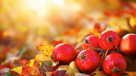 A stunning display of vibrant red fruits resting amongst colorful autumn leaves, illuminated by warm sunlight, perfect for showcasing seasonal beauty and natural abundance.の素材