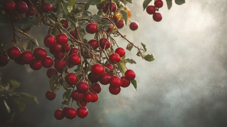 Vibrant red berries hang from lush branches, capturing the essence of nature's bounty. Perfect for showcasing seasonal freshness and healthy eating.の素材