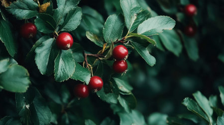 A close-up view of vibrant red berries nestled among lush green leaves, showcasing the beauty of nature. This soft-focus image captures the essence of flora.の素材