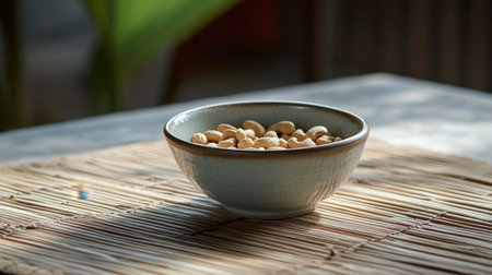 A serene close-up of a bowl filled with assorted nuts, placed on a wooden mat, highlighting the natural light and textured surfaces, perfect for promoting healthy snacking.の素材
