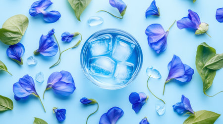 A stunning flat lay featuring vibrant blue flowers and ice cubes in a transparent bowl on a soft blue background, creating a refreshing and calming aesthetic perfect for summer.の素材