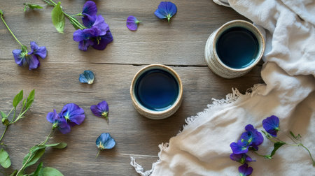 Delicate blue tea cups resting on a rustic wooden table surrounded by fresh purple flowers and petals. A perfect scene for relaxation and tranquility.の素材