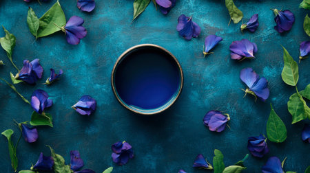 A stunning blue bowl surrounded by vibrant purple petals and green leaves on a rich teal background, creating a serene and artistic composition perfect for culinary or wellness themes.の素材