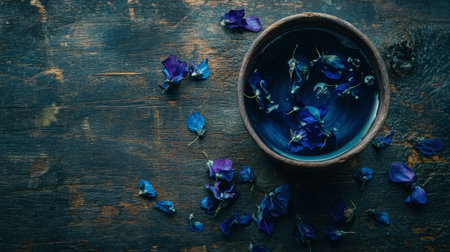This captivating image features vibrant purple petals floating in a bowl, set against a rustic wooden background. The play of natural light adds to the serene atmosphere, making it perfect for artistic and floral-themed projects.の素材