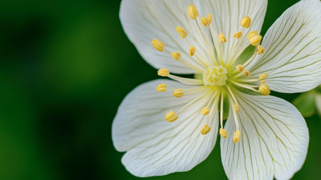 A close-up image of a delicate white flower featuring striking yellow stamens, set against a rich green background, showcasing nature's beauty and tranquility.の素材