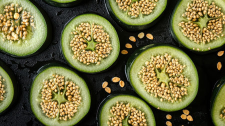 Close-up view of fresh green cucumber slices showing seeds, perfect for healthy recipes or vegetarian dishes. Vibrant and organic for food styling.の素材