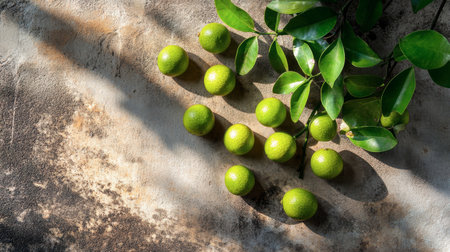 Arrangement of fresh green limes with vibrant leaves on a rustic surface. Beautiful light and shadow create an appealing visual for culinary inspiration.の素材