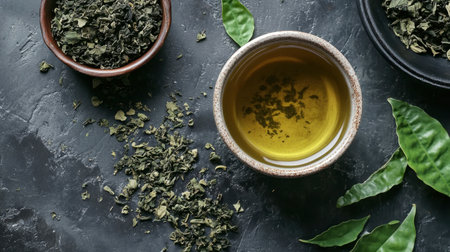 Explore the art of herbal tea preparation featuring dried leaves and olive oil in rustic bowls. An enchanting display that embodies wellness and natural beauty.の素材