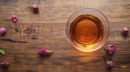 A serene still life composition featuring a glass of brown liquid surrounded by pink rose petals on a wooden surface, evoking tranquility and elegance.の素材