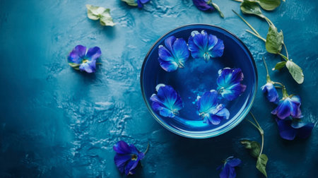 Discover a serene blue floral arrangement featuring delicate petals floating in a glass bowl. This artistic composition evokes tranquility and beauty.の素材
