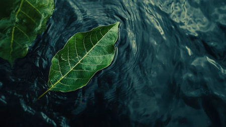 A serene floating leaf rests gracefully on a dark water surface, creating gentle ripples and reflections. This peaceful image embodies nature's beauty and tranquility.の素材