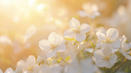 Experience the serene beauty of delicate white flowers bathed in soft golden light. This tranquil scene captures the essence of nature in full bloom.の素材