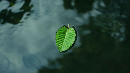 A vibrant green leaf gently floats on a serene water surface, creating a peaceful reflection. This calming nature scene captures tranquility and simplicity.の素材