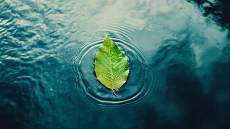 A serene close-up view of a single green leaf floating on calm water, creating gentle ripples. The peaceful scene captures nature's beauty and tranquility, ideal for wellness and relaxation themes.の素材
