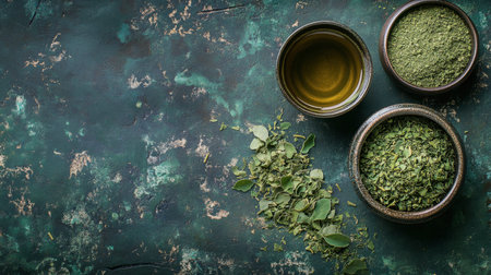 Discover a rich assortment of green herbs and olive oil on a rustic surface. This image features herbal powders and fresh leaves ideal for culinary delights and wellness.の素材