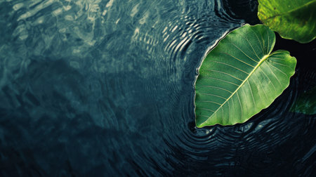 A vibrant green leaf gently floats on the surface of calm water, creating soft ripples and beautiful reflections, evoking tranquility and harmony in nature.の素材