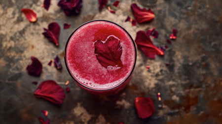 A stunning glass of refreshing rose petal drink adorned with delicate petals creates a vibrant and elegant presentation, perfect for any occasion.の素材