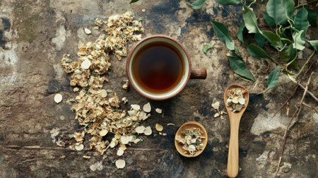 A tranquil scene showcasing a cup of herbal tea, surrounded by dried leaves and wooden elements, perfect for wellness and relaxation themes in photography.の素材