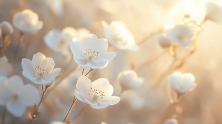 A serene close-up of delicate white floral blossoms, softly illuminated by gentle light. This image captures the beauty and tranquility of nature in springtime.の素材