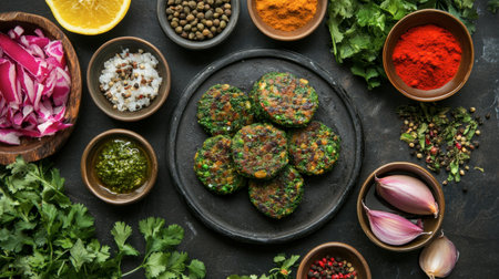 An enticing vegetarian platter featuring a variety of spices, fresh herbs, and beautifully arranged ingredients, perfect for culinary enthusiasts and healthy eating.の素材