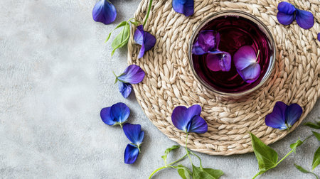 A serene composition featuring a glass of herbal tea adorned with violet petals, resting on a natural coaster. Perfect for relaxation and aesthetic enjoyment.の素材