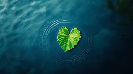 A vibrant heart-shaped leaf floats gently on the surface of calm water, creating beautiful ripples. The serene scene embodies love and tranquility in nature.の素材