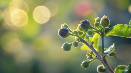 A serene close-up of a green fruit growing on a branch, showcasing delicate shapes and textures. The soft-focus background enhances the peaceful atmosphere of nature.の素材