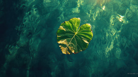 A vibrant green leaf gracefully floats on a calm water surface, reflecting sunlight. This serene nature scene evokes tranquility and peace, perfect for relaxation.の素材