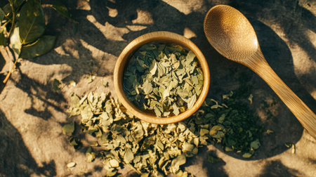 A rustic scene featuring dried green herbs in a wooden bowl complemented by a wooden spoon on a natural surface, showcasing the essence of herbal cooking and wellness.の素材