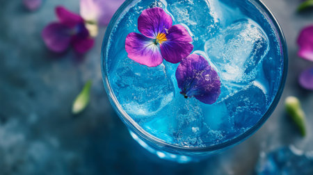 Experience the essence of summer with this vibrant blue drink, featuring ice cubes and delicate edible flowers. A striking visual for refreshing moments.の素材