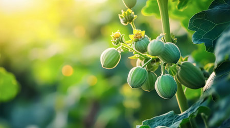 Lush green plant buds emerge from vibrant foliage, showcasing nature's growth in a sunlit garden. This image captures the beauty of organic agriculture.の素材