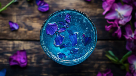 A vibrant blue drink garnished with colorful petals rests on a rustic wooden surface. Perfect for summer gatherings and refreshing moments.の素材