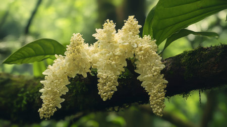 A stunning close-up of delicate white flowers blooming on a branch, surrounded by vibrant green foliage. This image captures the serene beauty of nature.の素材