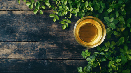A top-down view of a glass cup filled with herbal tea, surrounded by vibrant green leaves on a rustic wooden table. Perfect for promoting natural wellness and relaxation.の素材