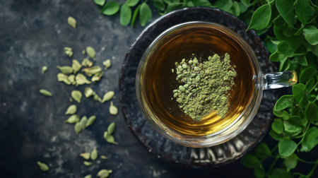 A soothing image showcasing a cup of green tea topped with matcha powder and cardamom on a dark stone surface, emphasizing natural wellness and relaxation.の素材