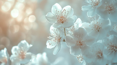 A serene image of delicate white blossoms, softly illuminated against a dreamy background. Perfect for showcasing beauty, nature, and tranquility in any project.の素材