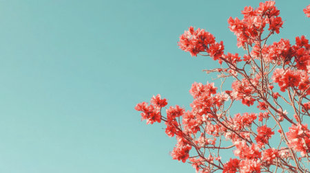 A stunning image featuring vibrant red flowers set against a clear blue sky. This tranquil scene captures the essence of spring and the beauty of nature.の素材