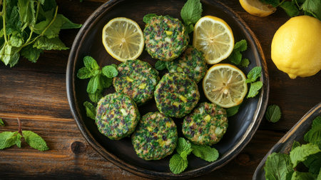 A vibrant display of fresh herb patties served on a rustic wooden table, accompanied by lemon slices and mint leaves, perfect for a healthy meal or snack.の素材
