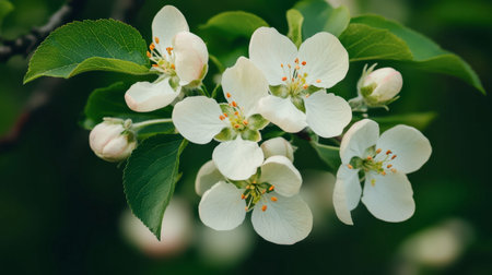 Beautiful close-up of delicate white apple blossoms surrounded by lush green leaves, capturing the essence of spring in a serene garden setting.の素材