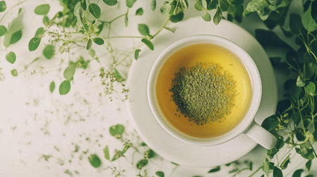 A serene image of freshly brewed herbal tea with green powder nestled in a white cup, surrounded by lush green leaves, highlighting natural wellness and relaxation.の素材