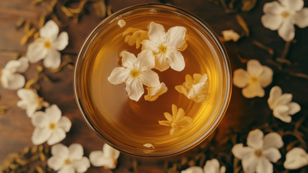 A serene image of delicate flowers floating on herbal tea in a clear glass bowl. This tranquil scene evokes feelings of relaxation and wellness.の素材