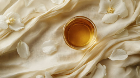 A serene composition featuring a glass of tea surrounded by delicate flower petals on soft fabric, evoking feelings of calm and elegance in any setting.の素材